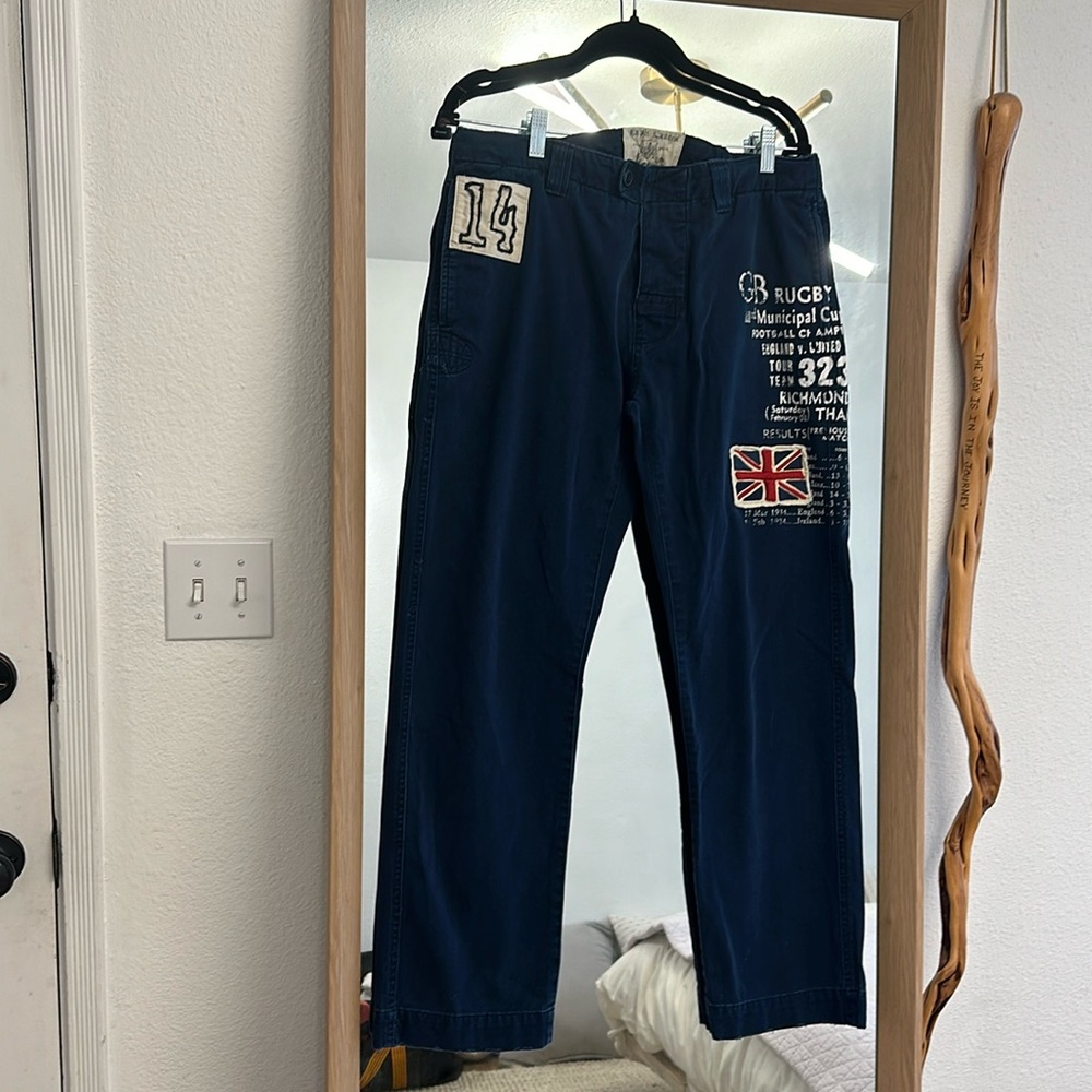 Ralph Lauren Rugby 32x30 Navy Blue Pants GB British Flag Patch Chinos